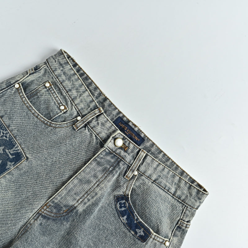 Louis Vuitton Monogram Patchwork Wide-Leg Jeans — Washed Blue