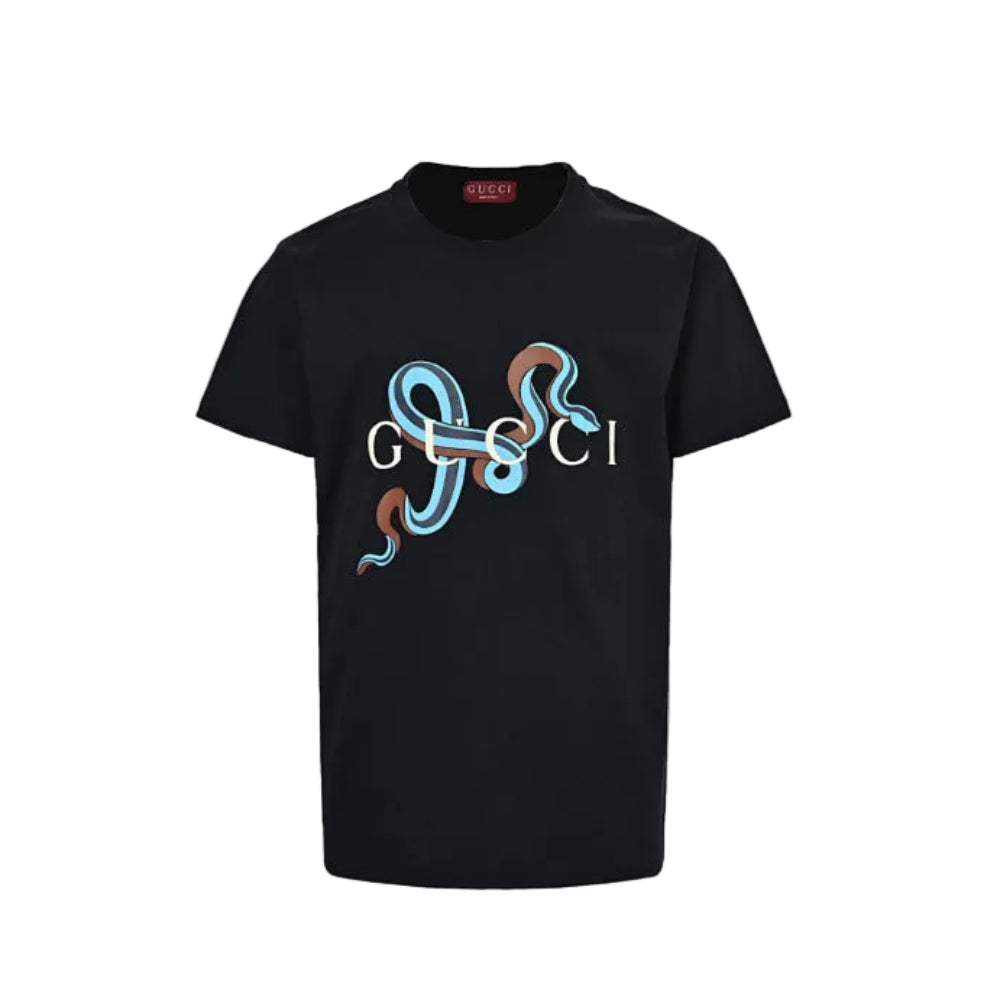 Gucci Black Intertwined Dual Snake Serif Wordmark Heavyweight Tee