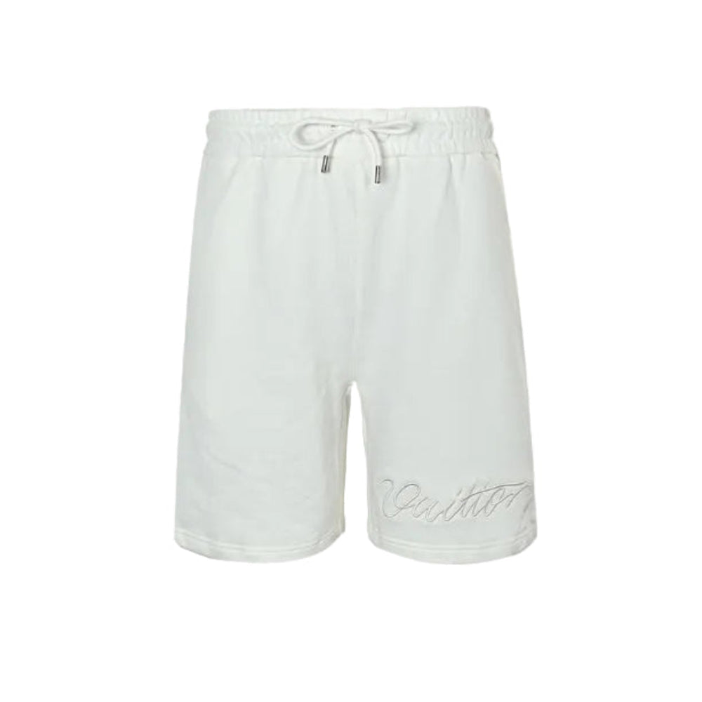 Louis Vuitton Signature Script Embroidered Shorts — Cream