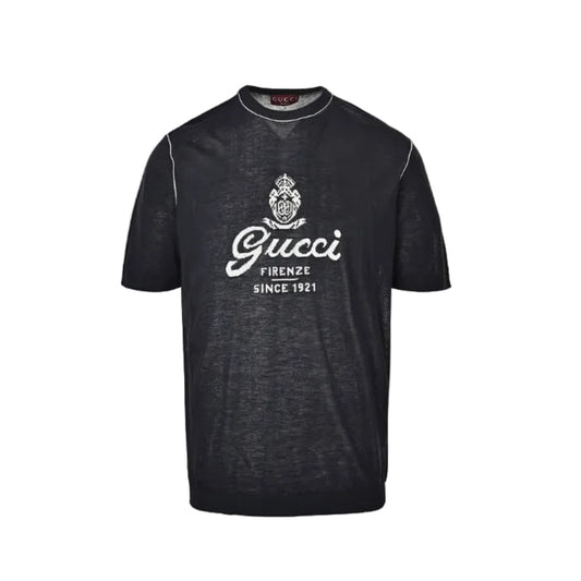 Gucci Charcoal Lightweight Knit Script Crest Embroidered Tee