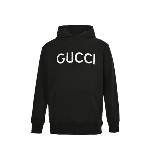 Gucci Black Heavyweight Cotton Hoodie with Raised-Letter Wordmark Print