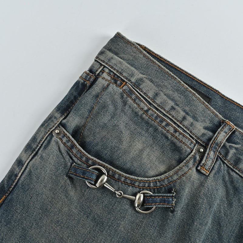Gucci Vintage Blue Washed Straight Denim Pants with Horsebit Detail