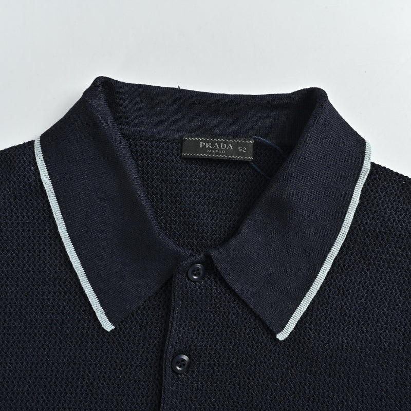 PRADA Milano Honeycomb Knit Tipped Polo Shirt PRD Navy