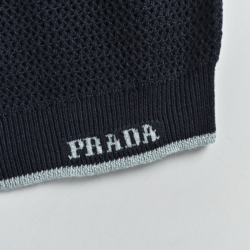 PRADA Milano Honeycomb Knit Tipped Polo Shirt PRD Navy
