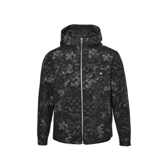 Gucci Black GG Monogram Camo Floral Jacquard Full-Zip Hooded Field Jacket