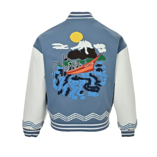 Louis Vuitton Logo Zigzag Wave Embroidery Varsity Jacket – Steel Blue / Cream