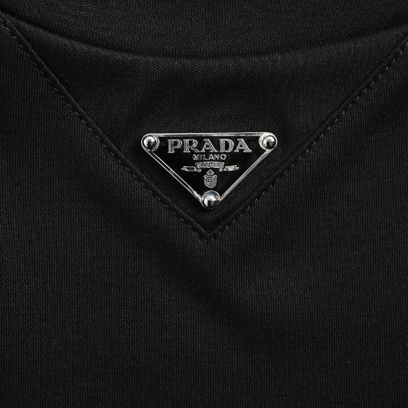 PRADA Milano Silver Metal Triangle Logo Crewneck Tee PRD Black