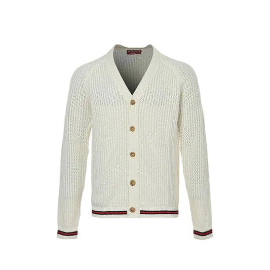 Gucci Ivory Open-Knit V-Neck Button Cardigan with Stripe Trim