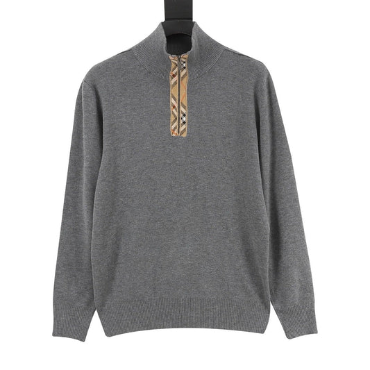 Burberry Vintage Check Half-Zip Knit Sweater — Grey Melange