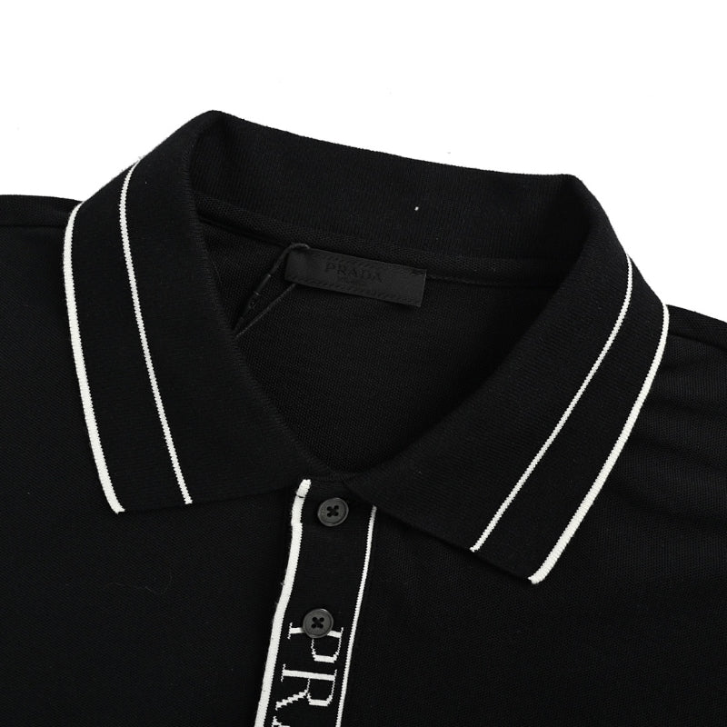 PRADA Milano Double Stripe Tipping Triangle Embroidery Piqué Polo Shirt PRD Black