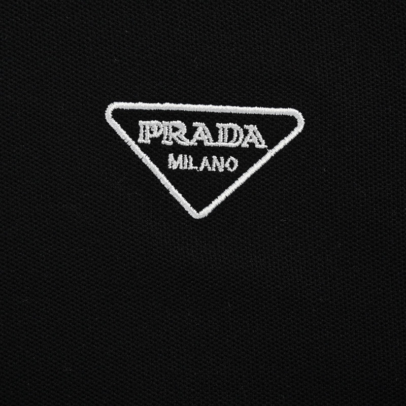 PRADA Milano Double Stripe Tipping Triangle Embroidery Piqué Polo Shirt PRD Black