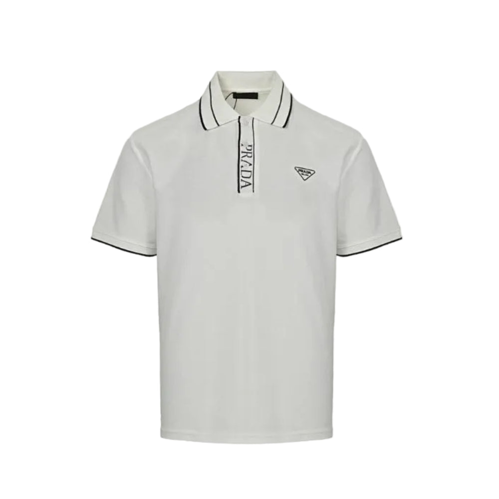 PRADA Milano Double Stripe Tipping Triangle Embroidery Piqué Polo Shirt PRD Off-White