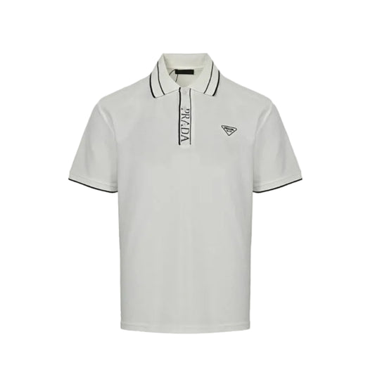 PRADA Milano Double Stripe Tipping Triangle Embroidery Piqué Polo Shirt PRD Off-White