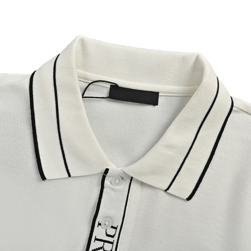 PRADA Milano Double Stripe Tipping Triangle Embroidery Piqué Polo Shirt PRD Off-White