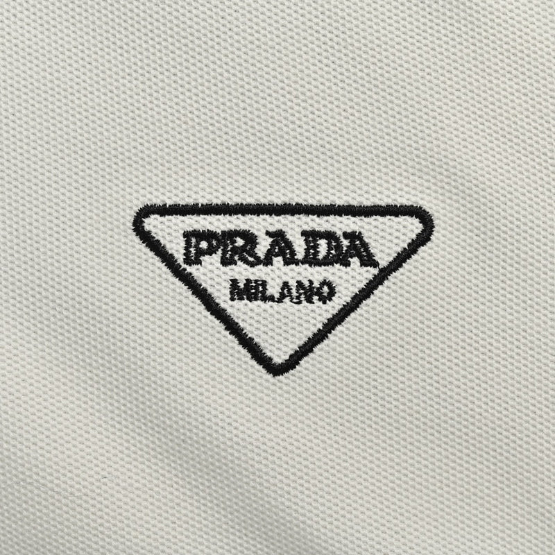 PRADA Milano Double Stripe Tipping Triangle Embroidery Piqué Polo Shirt PRD Off-White